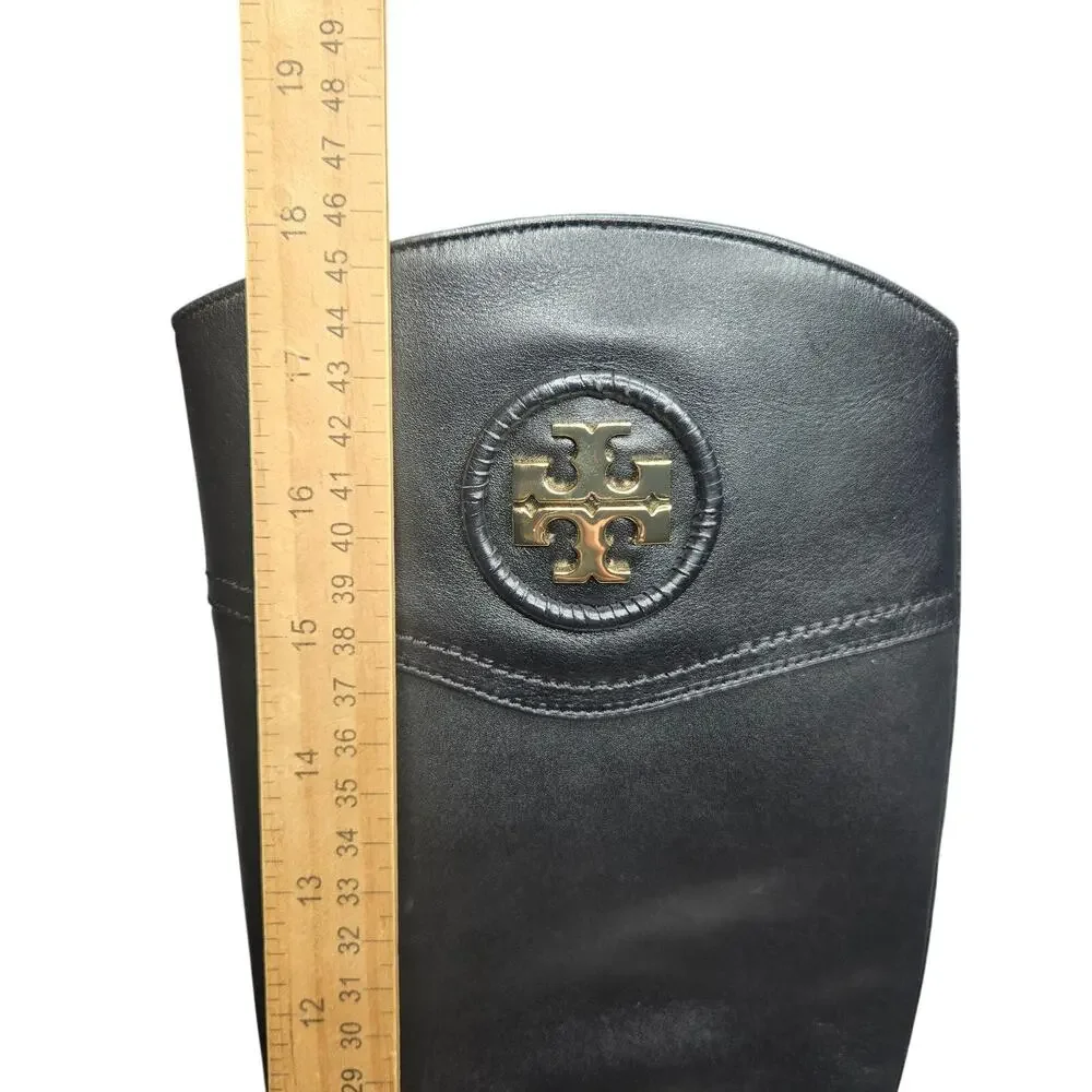 New Tory Burch Womens Ashlynn Black Leather Gold Logo Tall Riding Boots 8.5